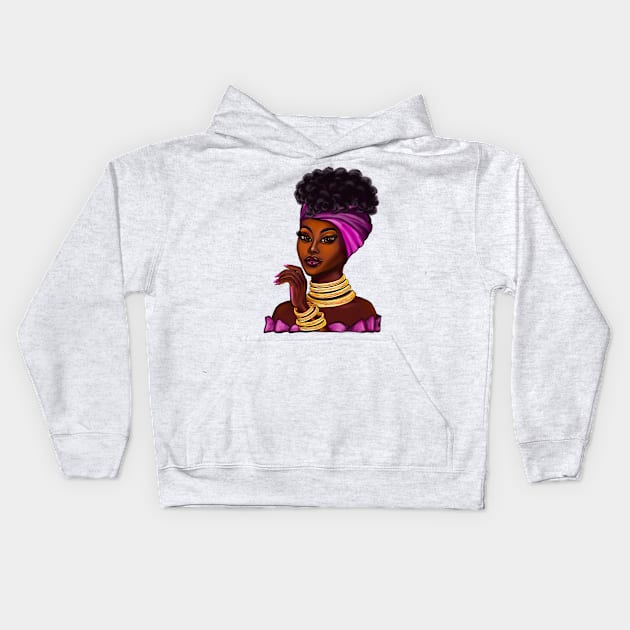 Queen Black is beautiful anime manga black girl with Gold bangles, neck ring necklace, purple dress and head wrap, brown eyes and dark brown skin ! Kids Hoodie by Artonmytee